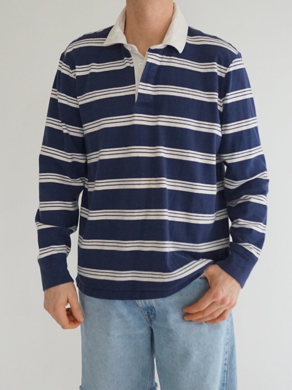 Vintage Lands End Blue White Striped Rugby Polo Shirt Cotton Knit Long Sleeve L